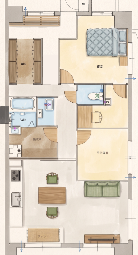 案３：玄関から2つの通路を用意した間取り図
