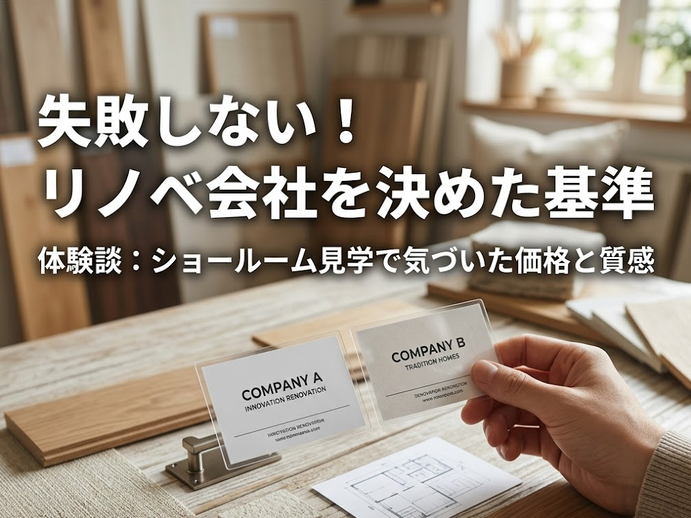 リノベ会社4社の名刺を比較する様子。「失敗しない!リノベ会社を決めた基準 体験談:ショールーム見学で気づいた価格と質感」の記事アイキャッチ画像